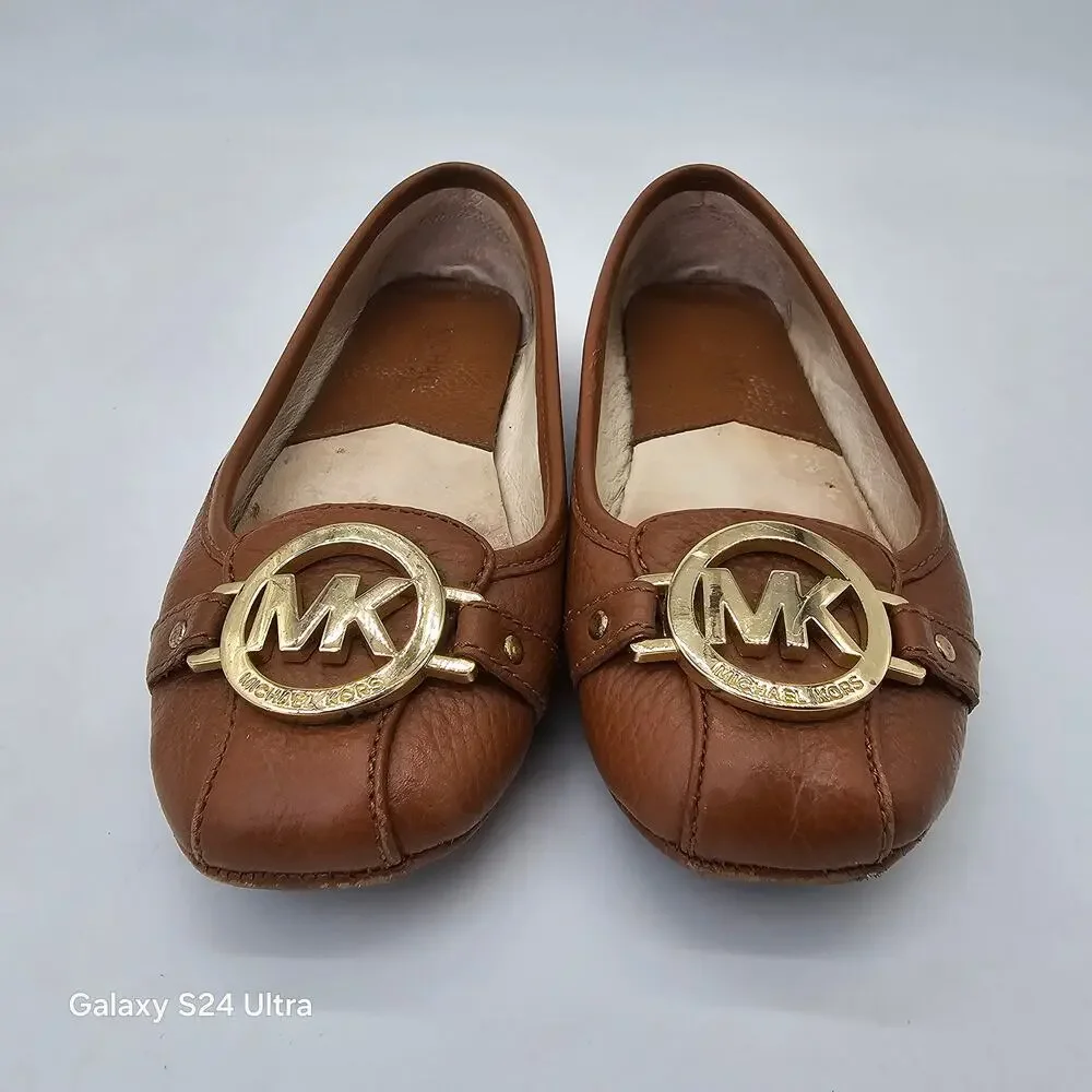Michael Kors Fulton Moc Flats Brown Pebbled Leather Gold Metal Logo Women's 9.5M